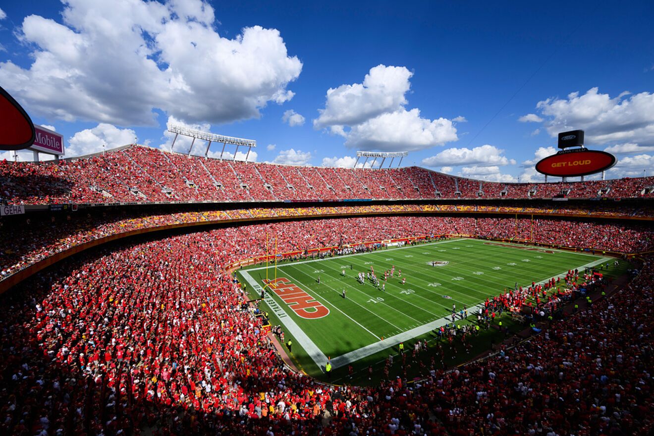 Fan fill Arrowhead Stadium during the first half of an NFL football...