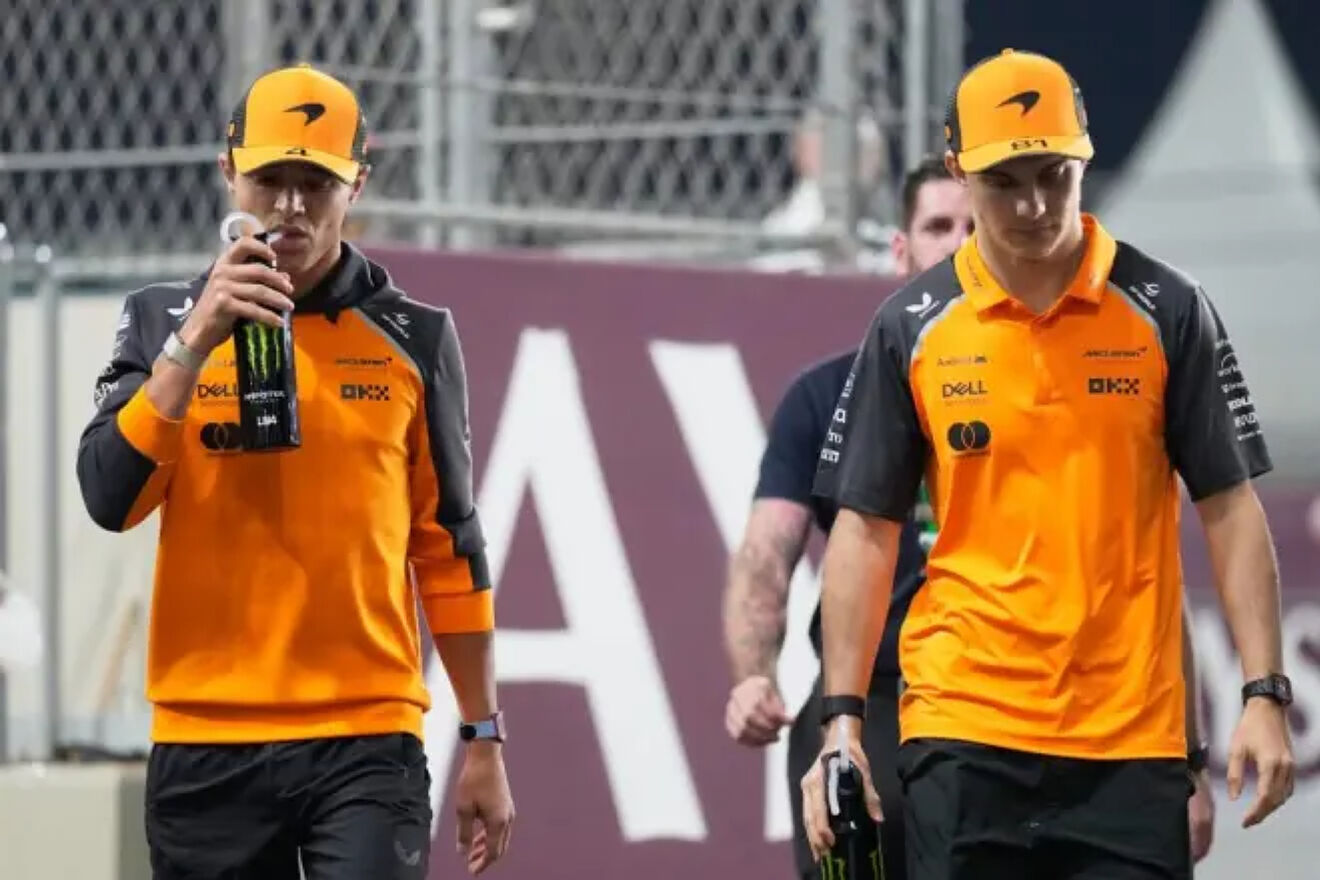 Norris and Piastri at Sunday's parade in Qatar.