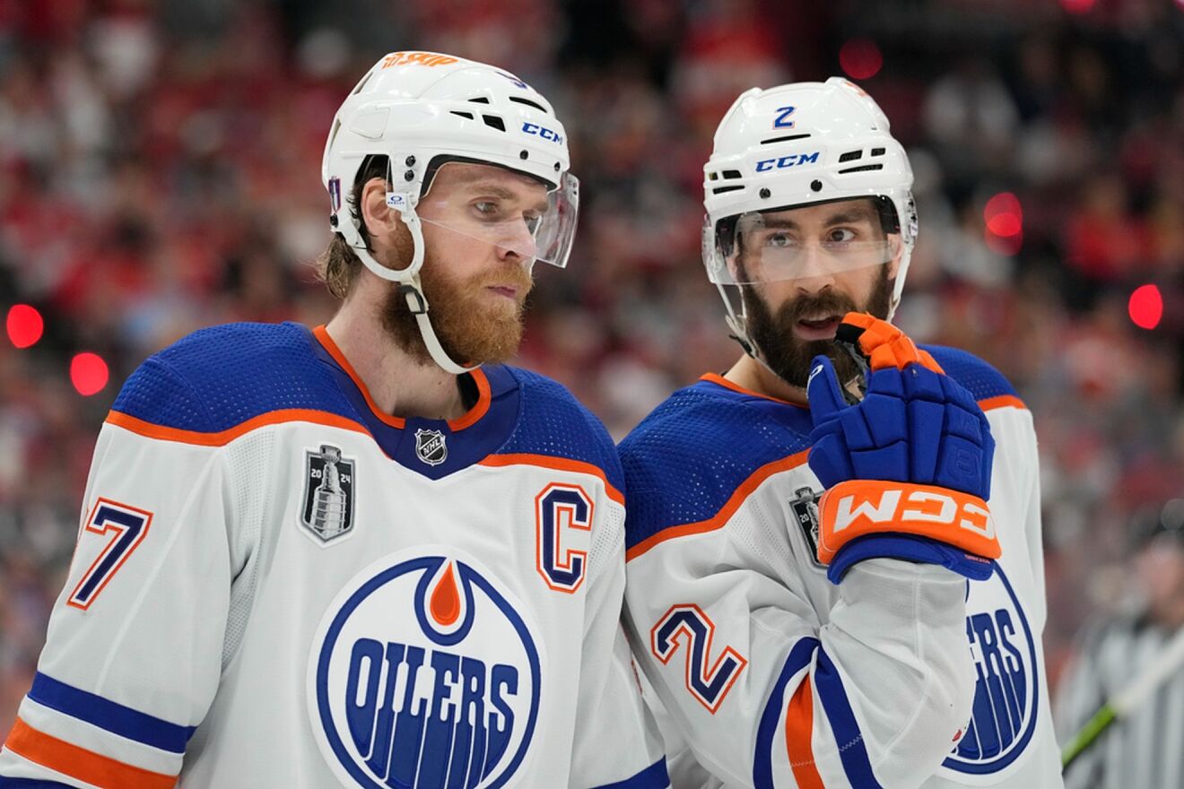 Edmonton Oilers' Evan Bouchard and Connor McDavid in Game 7 of the...