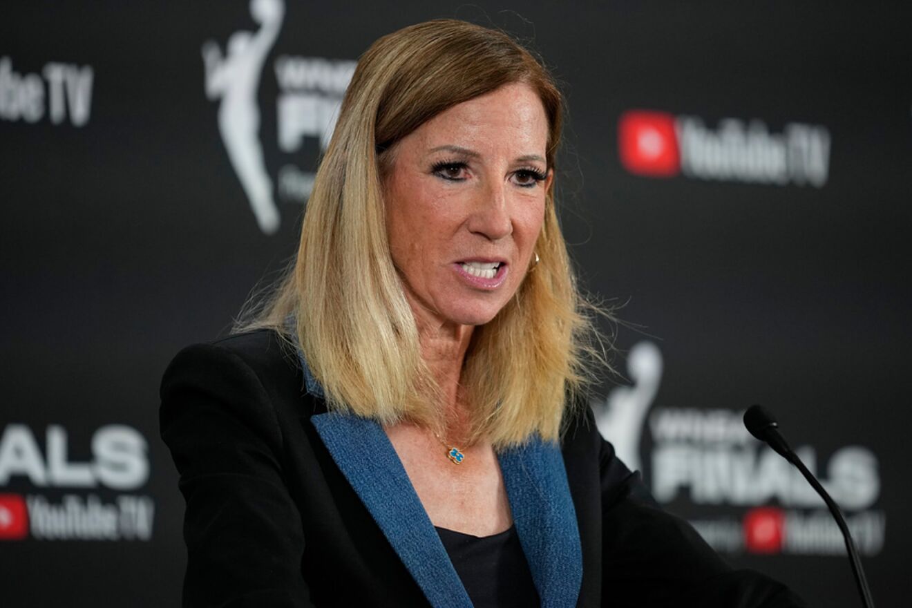 WNBA Commissioner Cathy Engelbert speaks to the media during a press...