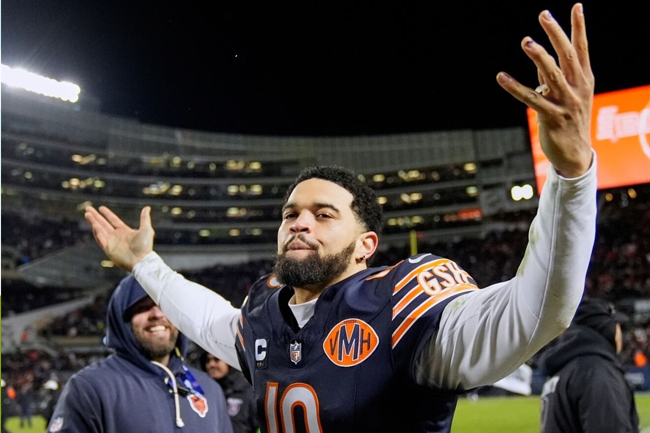 Chicago Bears' Caleb Williams celebrates after an NFL wild-card...
