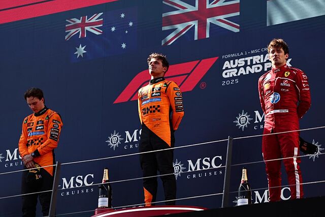 Podio del Gran Premio de Austria: Lando Norris, Oscar Piastri y Charles Leclerc.