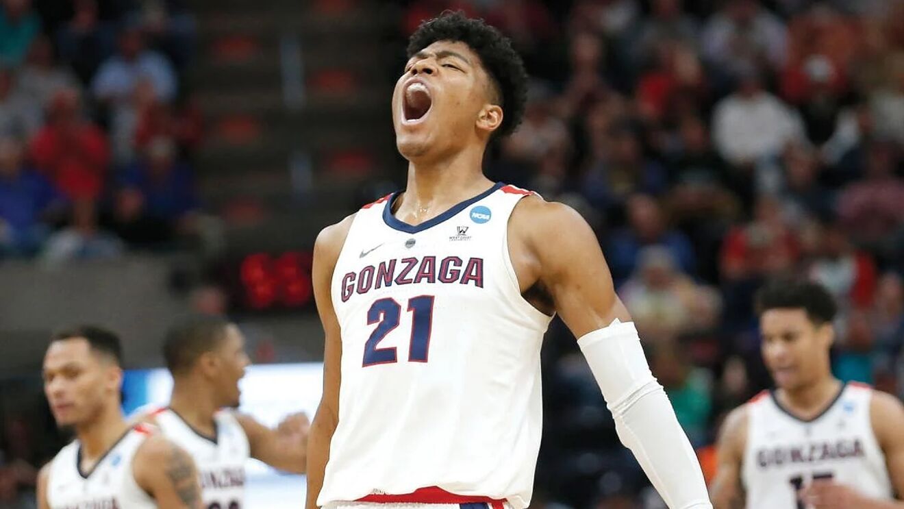 Gonzaga forward Rui Hachimura (21) celebrates after Gonzaga scored...