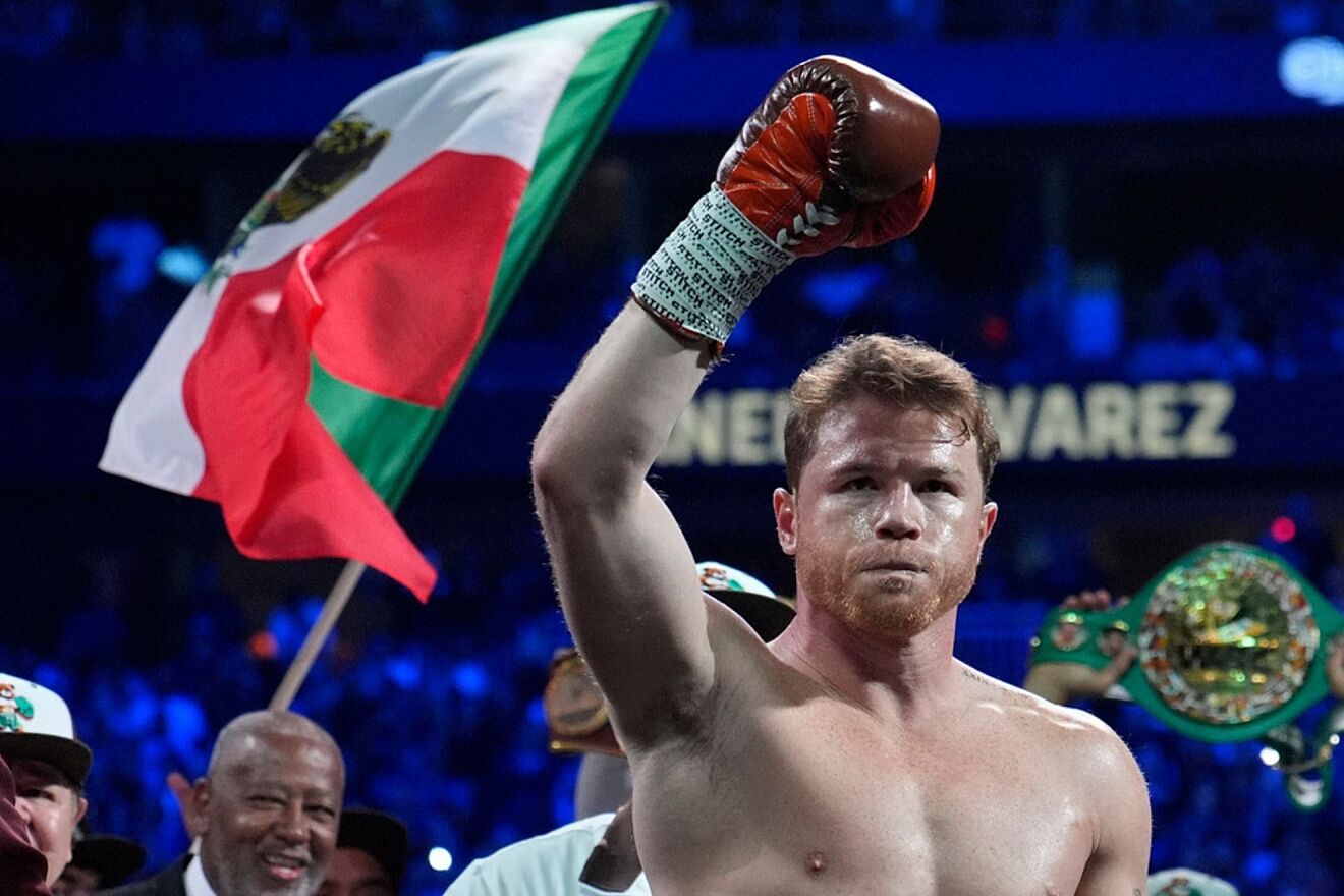 Canelo Alvarez reacts before fighting Edgar Berlanga in a super...