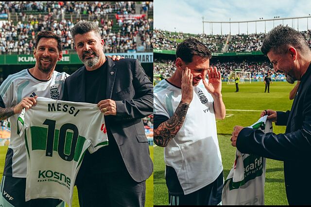 Messi recibe una camiseta del elche con su nombre y n�mero de manos de su presidente