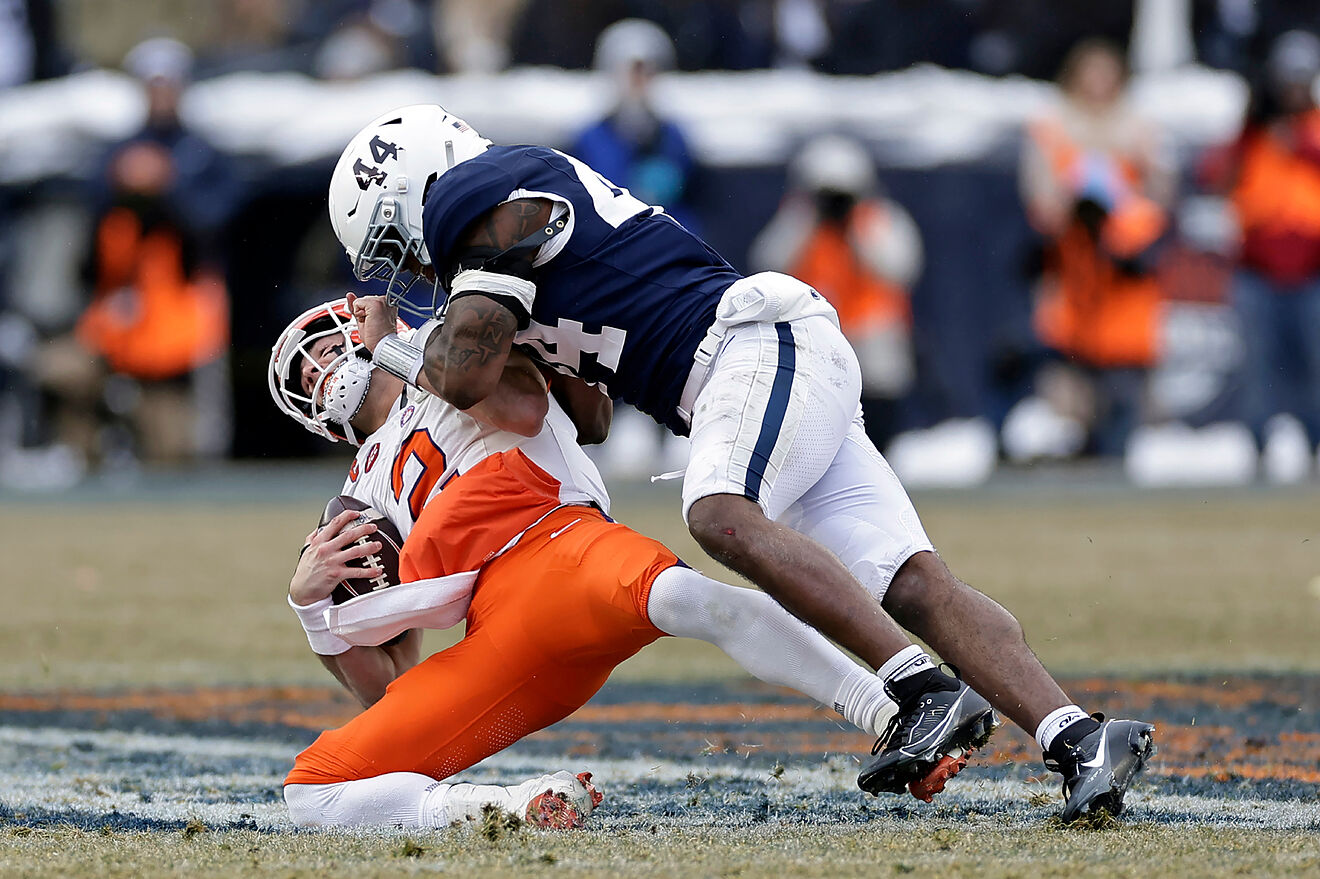Penn State defensive end Jaylen Harvey (44) sacks Clemson quarterback...