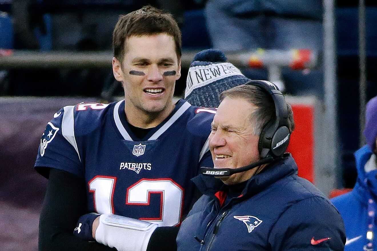 New England Patriots quarterback Tom Brady left and head coach Bill...