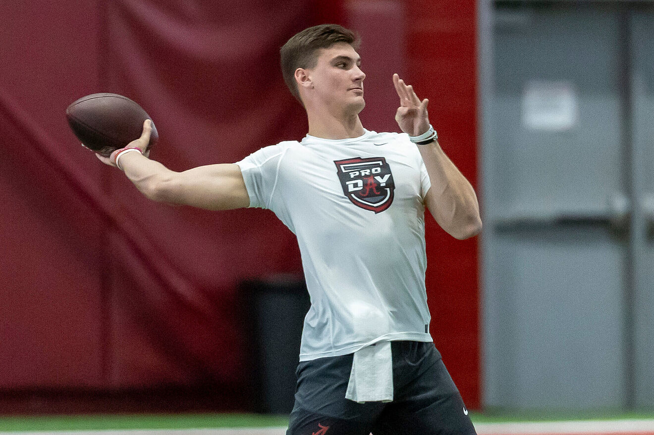 Ty Simpson throws a pass during Alabama's Pro Day.