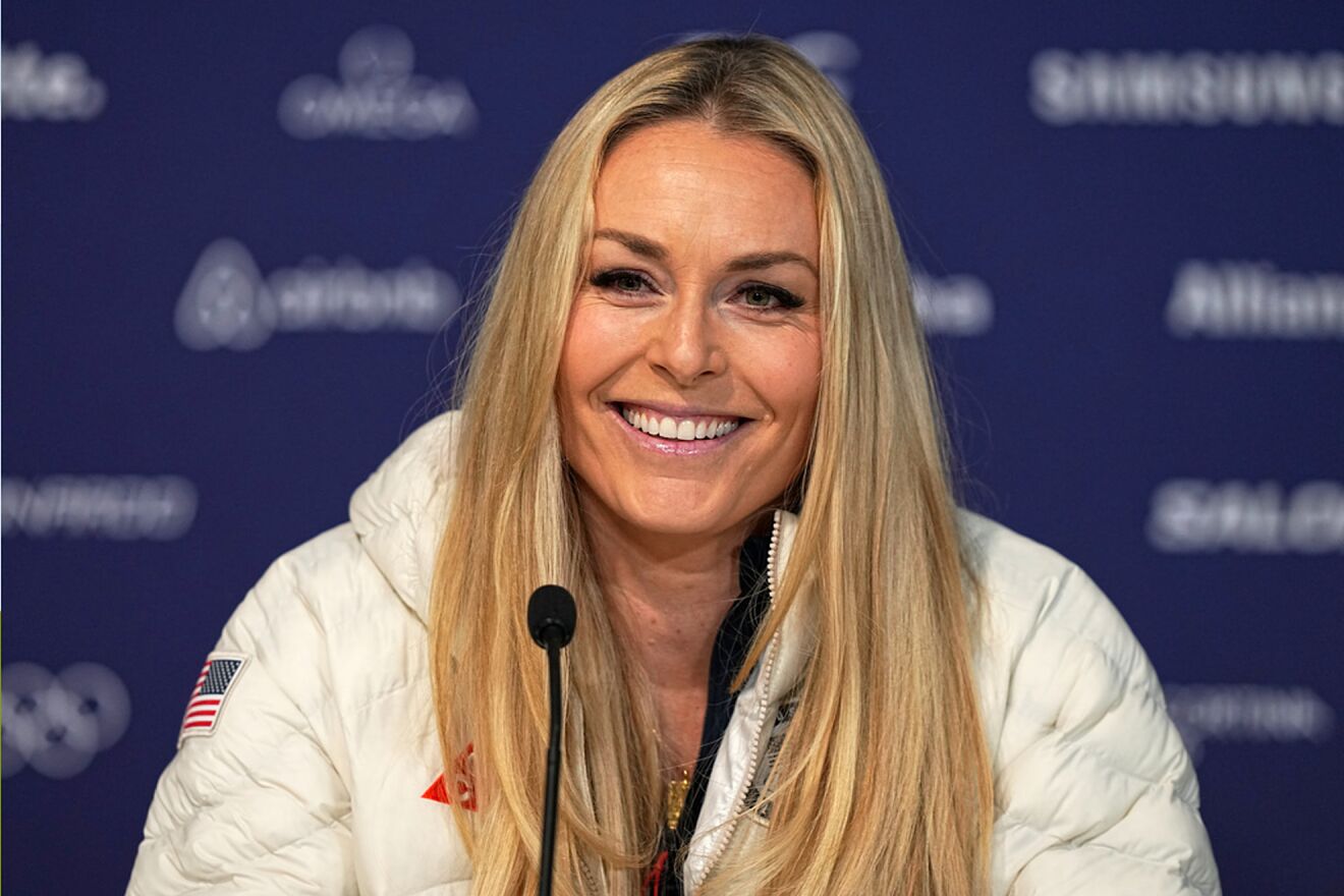 United States' Lindsey Vonn smiles during a press conference by the...