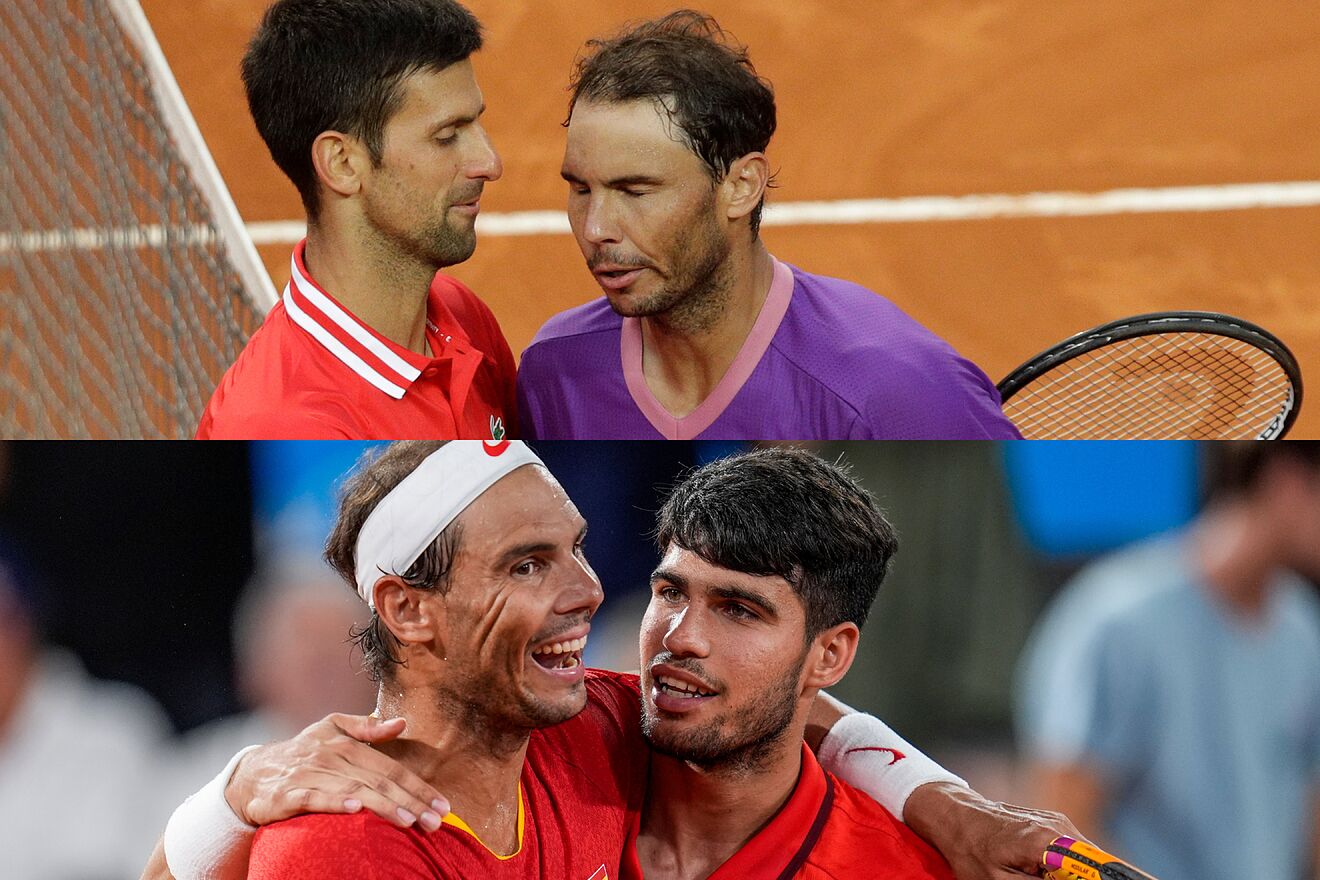 A montage featuring Nadal and his matches against Djokovic, above, and...