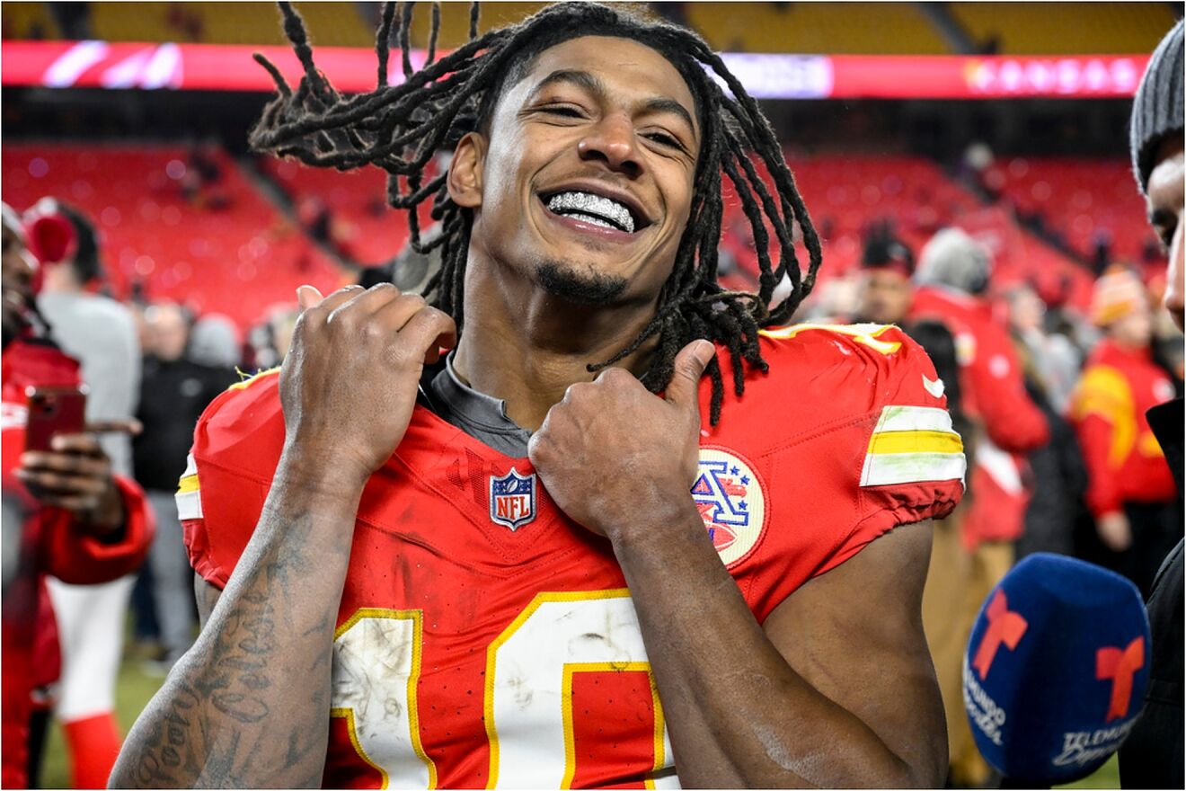 Kansas City Chiefs running back Isiah Pacheco celebrates after the AFC...