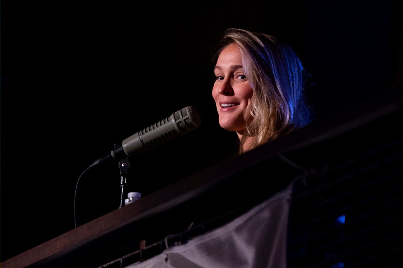 Kylie Kelce smiles from up in Kylie's Korner