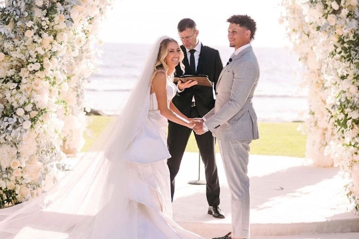 brittany mahomes wedding dress Dressed To Marry Patrick Mahomes And His Wife Brittany Celebrate First Anniversary Amidst Criticism Wood:Cherry with Mahogany Wash travis kelce mahomes wedding Mossimo Adult Lillian West | The