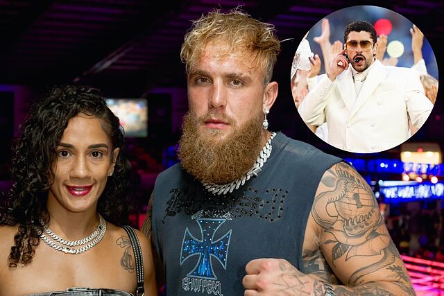 Amanda Serrano y Jake Paul. Arriba, Bad Bunny durante su actuaci�n en la Super Bowl.