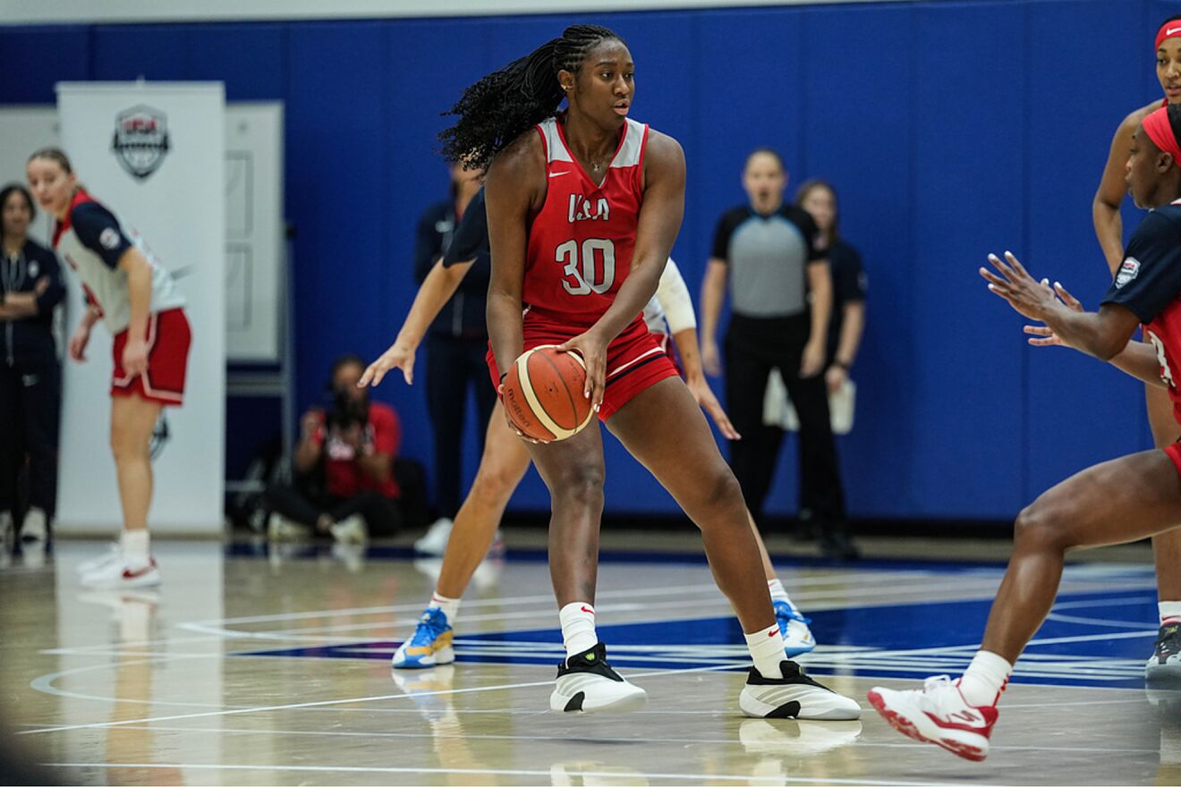 Aliyah Boston (30) looks to pass during a training camp for the U.S...
