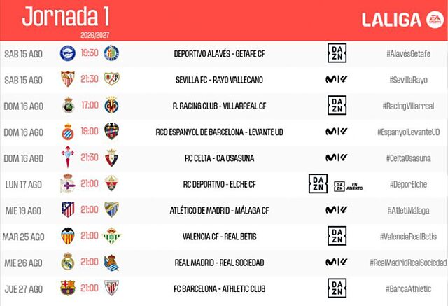Horario Jornada 1 de Liga.