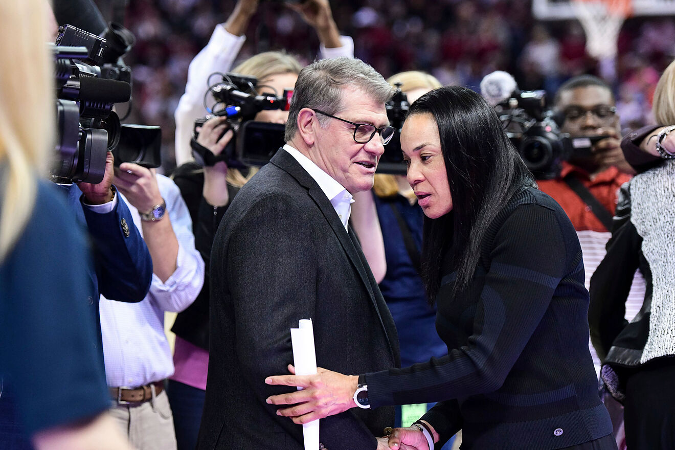 Connecticut coach Geno Auriemma and South Carolina coach Dawn Staley