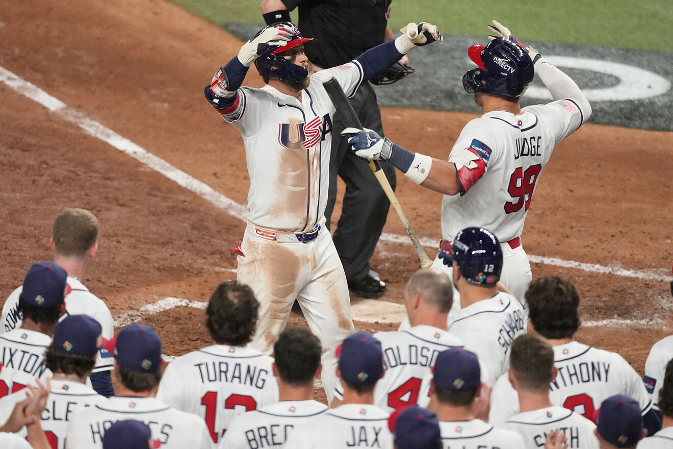 United States Bryce Harper celebrates his home run with Aaron Judge