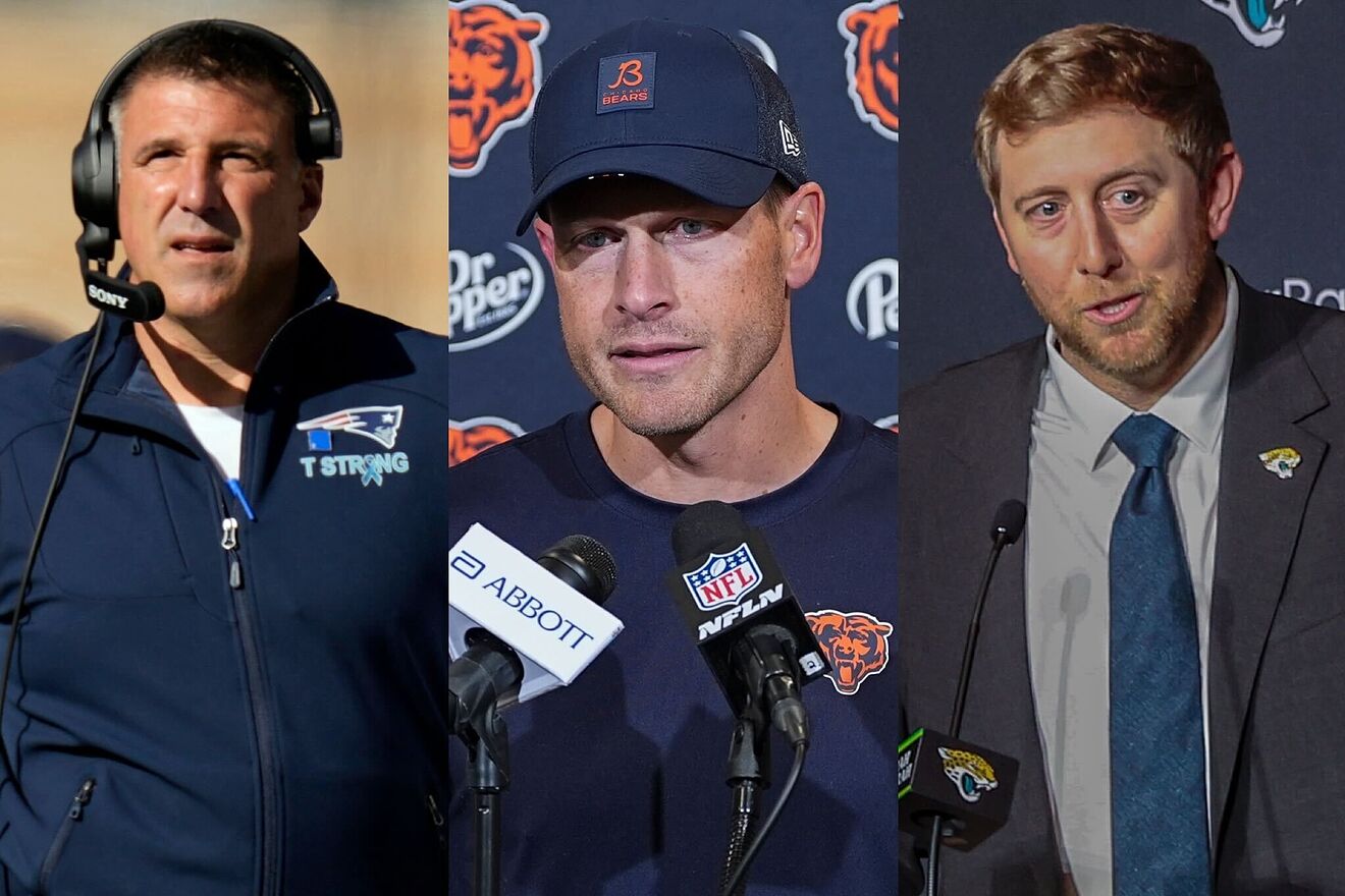 From left to right: Patriots head coach Mike Vrabel, Bears head coach...