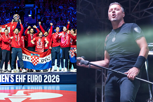 A la izquierda, la selecci�n croata con su bronce en el podio del Europeo. A la derecha, el pol�mico cantante.