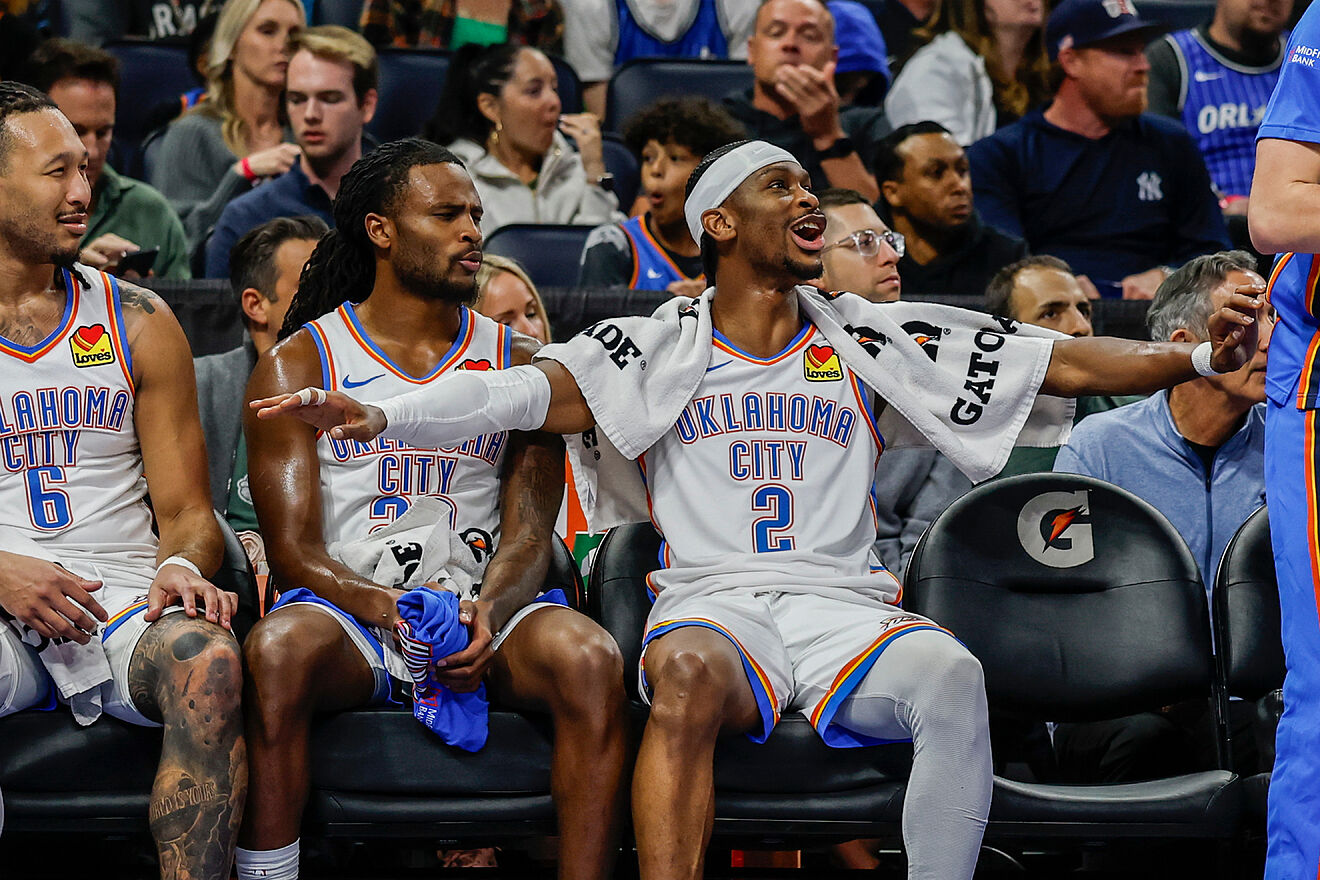 Oklahoma City Thunder guard Shai Gilgeous-Alexander reacts with...