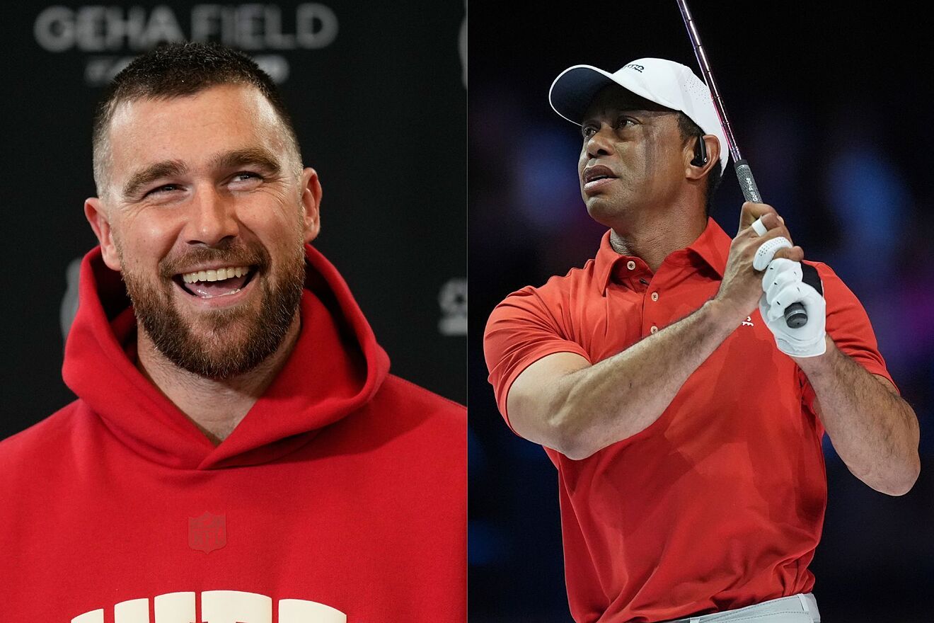 Travis Kelce shares a friendly hug and laugh with Tiger Woods during...