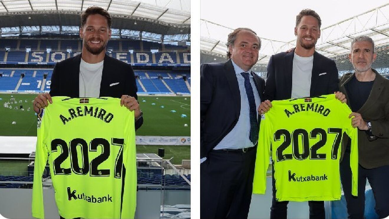 Alex Remiro posa con la camiseta especial por su renovaci�n.