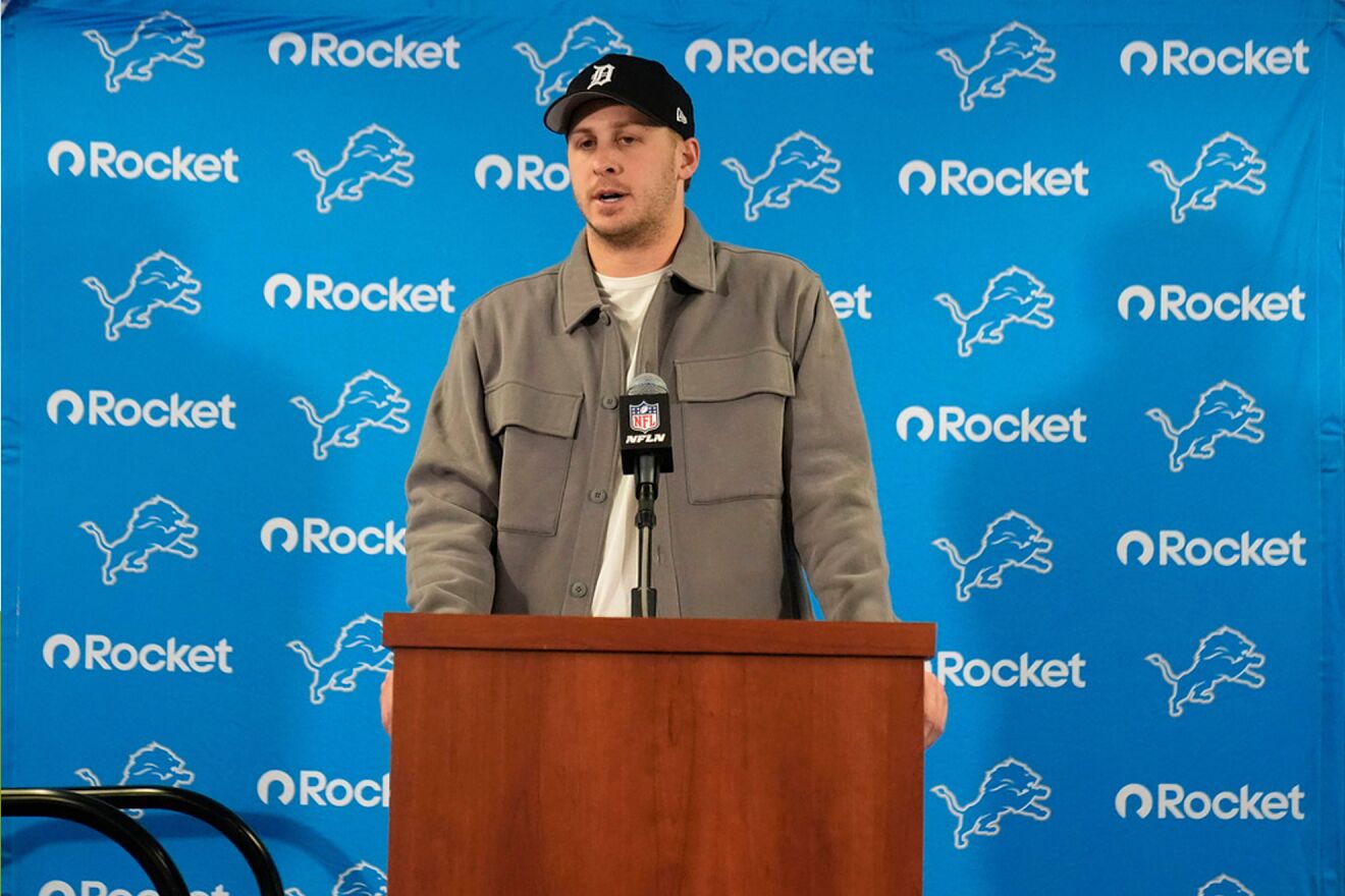 Detroit Lions quarterback Jared Goff speaks during a news conference...