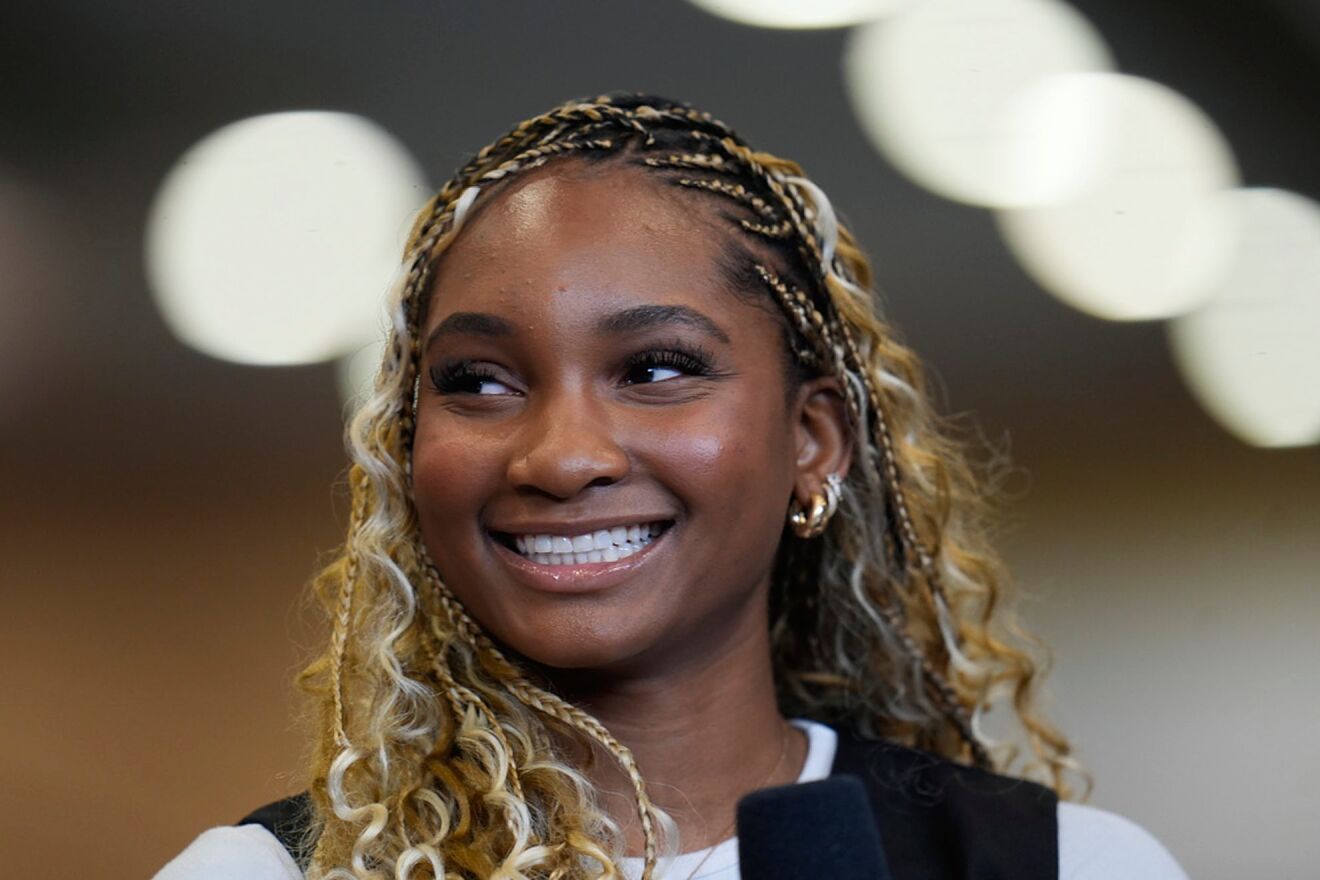 USC's Kiki Iriafen speaks during the Big Ten women's NCAA college...