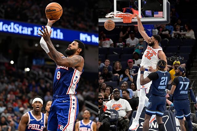 Paul George (izqda.) y Karl-Anthony Towns (dcha.), durante la jornada de anoche en la NBA.
