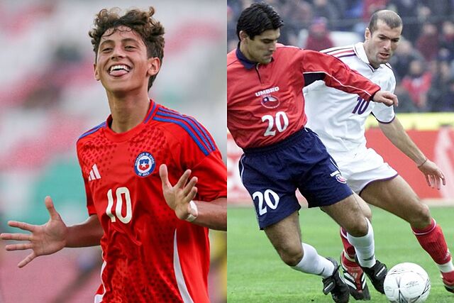 A la izquierda, Zidane Y��ez jugando con Chile. A la derecha, Zinedine Zidane, jugando contra Chile.