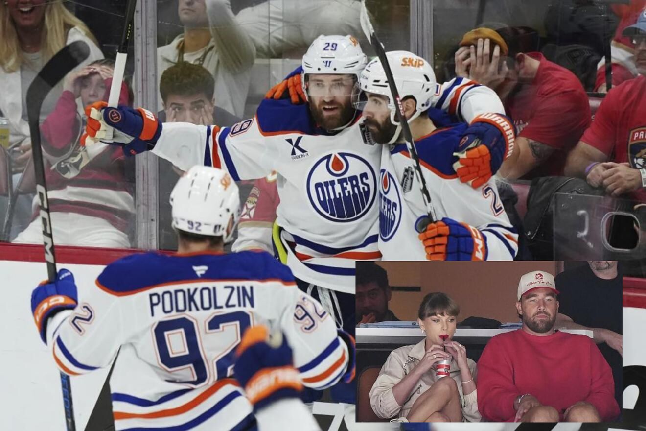The Oilers celebrate a goal in the final under the gaze of Taylor...
