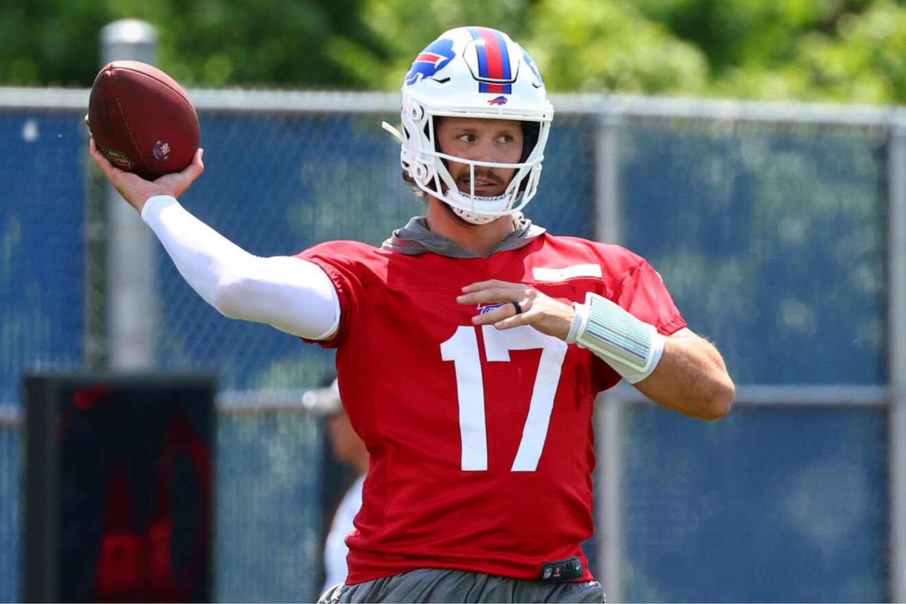 Buffalo Bills Josh Allen throws a pass during practice at NFL football...