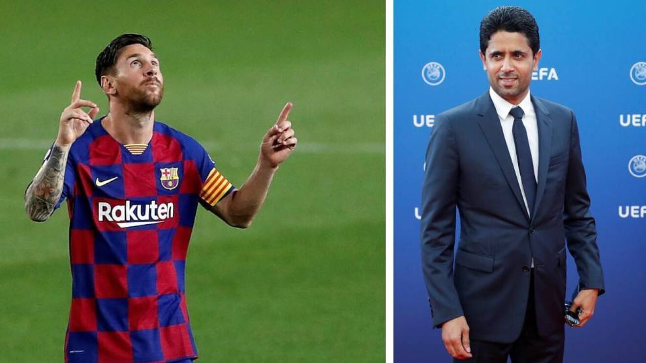 Messi, con la camiseta del Barcelona, y Al Khelaifi, presidente del...