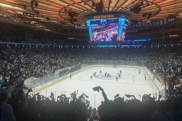 Audience members watch a PWHL hockey game at Madison Square Garden.