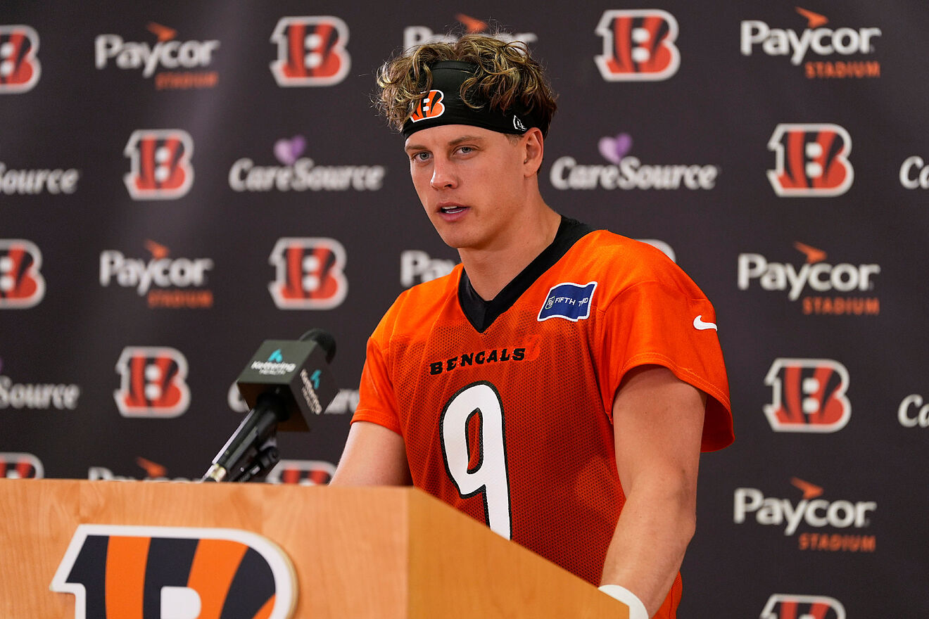 Cincinnati Bengals quarterback Joe Burrow speaks during a news...