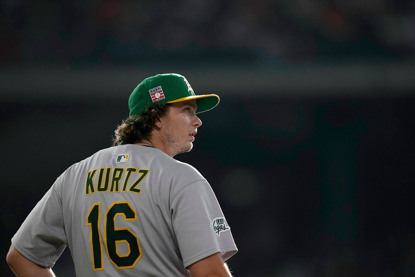 Athletics first baseman Nick Kurtz (16) watches a foul ball by the...