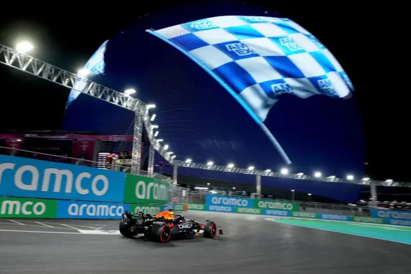 Max Verstappen driving on the Las Vegas circuit