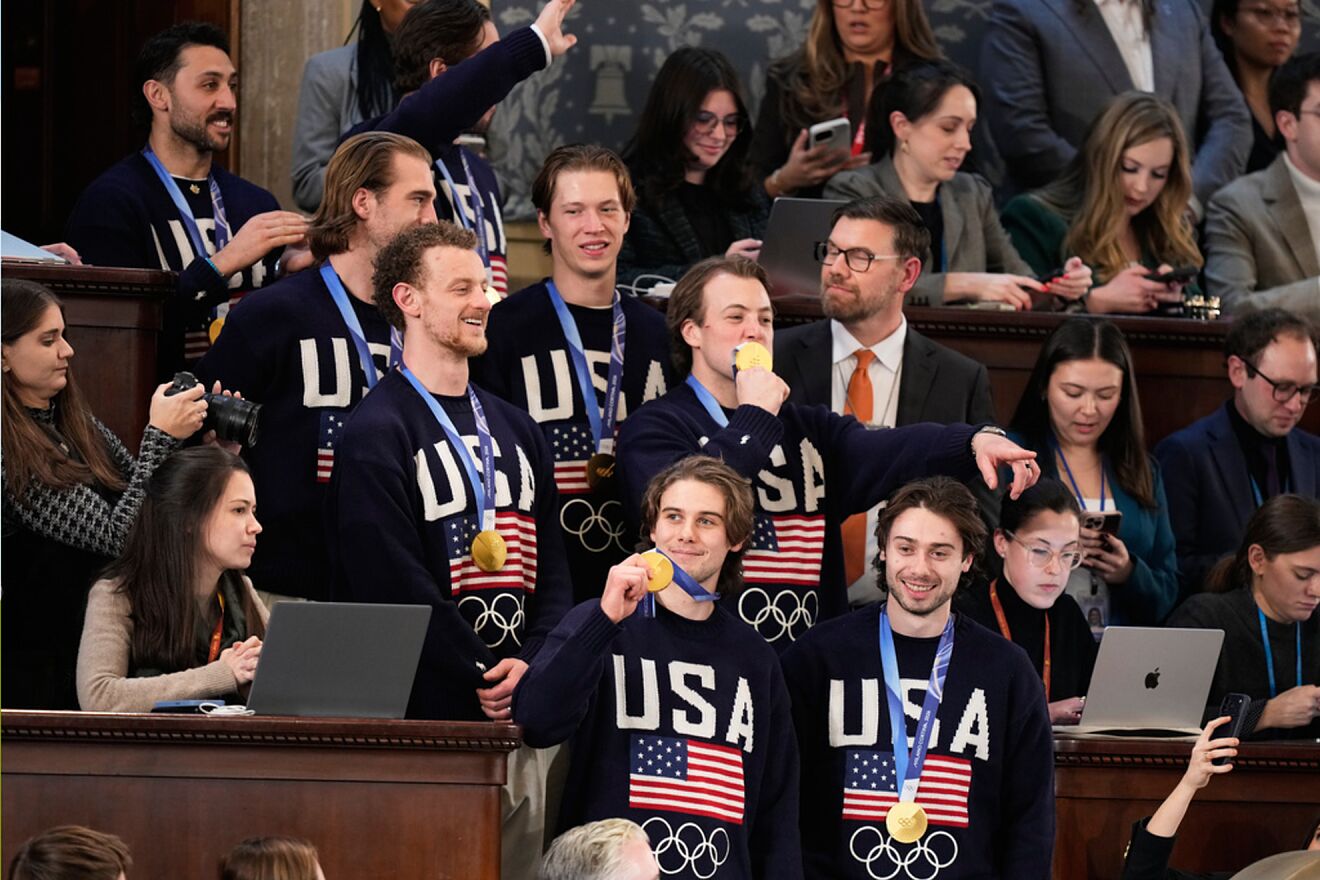 Members of the United States' Olympic hockey team attend President...