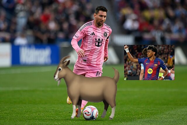 A collage featuring Messi, Lamine Yamal, and a 'GOAT' emoji.