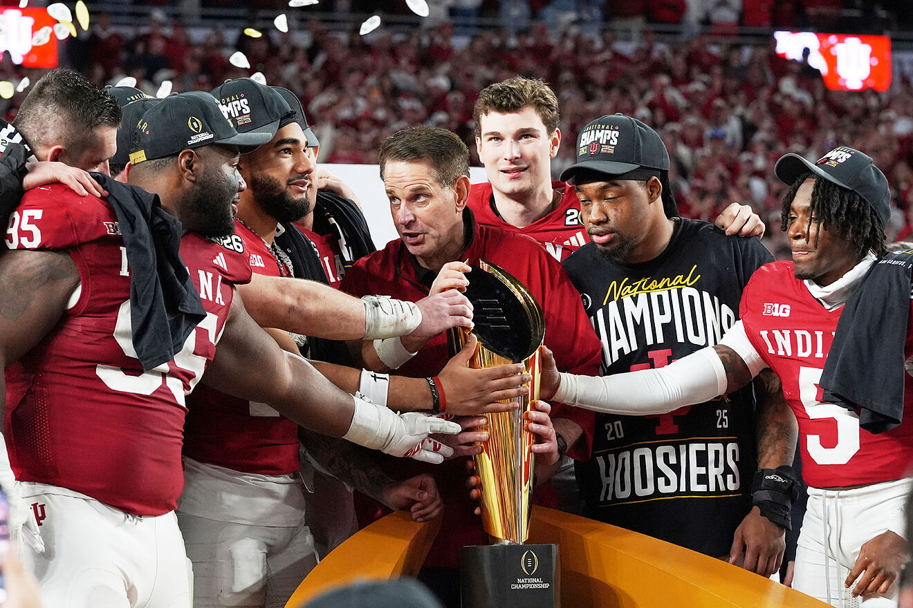 Indiana holds the trophy after their win against Miami in the College...