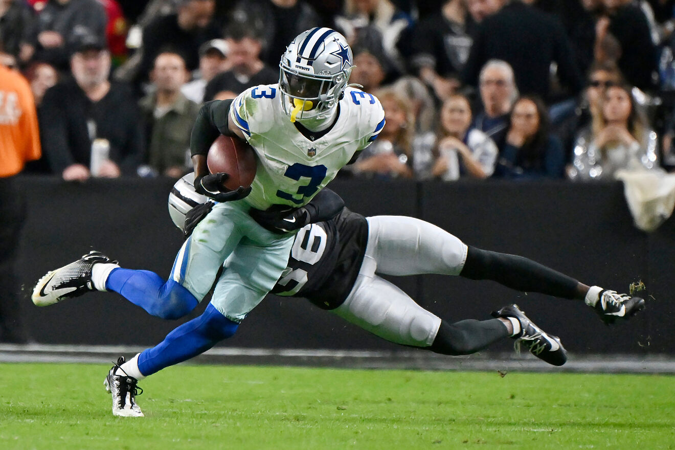 Dallas Cowboys wide receiver George Pickens tries to get past Las...