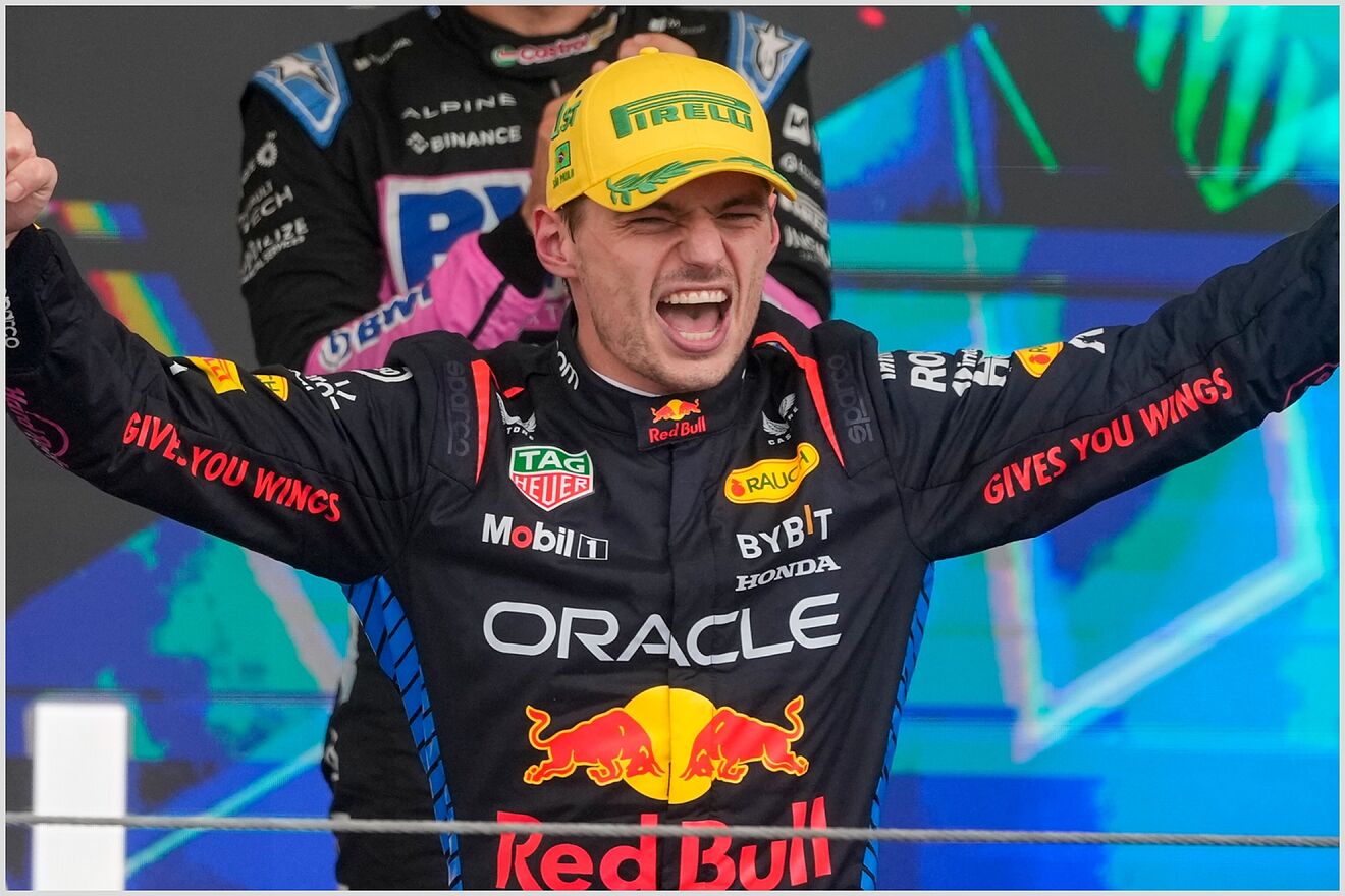 Red Bull driver Max Verstappen, of the Netherlands, celebrates on the...