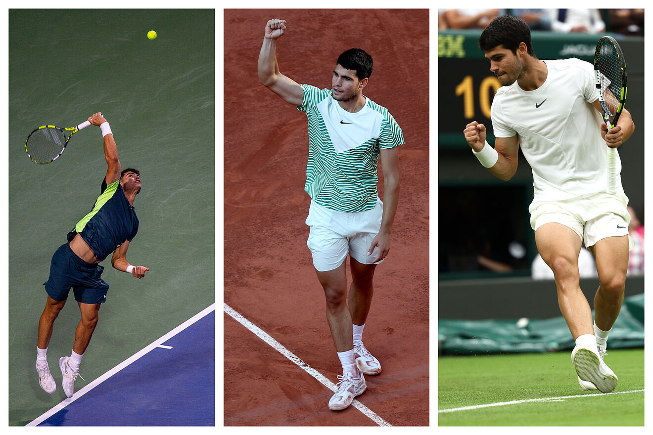 Carlos Alcaraz jugando en tierra batida, hierba y pista dura en tres...