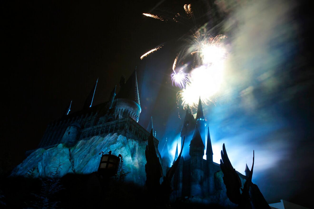 Fireworks explode over the Hogwarts Castle