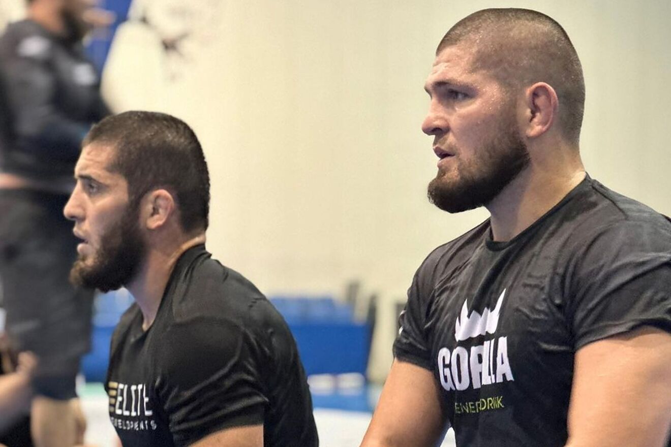 Islam Makhachev and Khabib Nurmagomedov in training