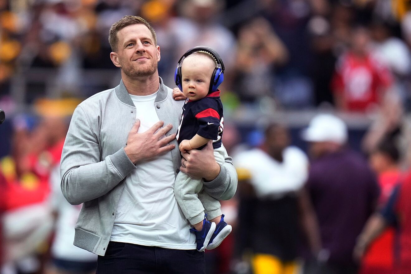 Former Houston Texans player J.J. Watt, with his son, Koa James Watt,...