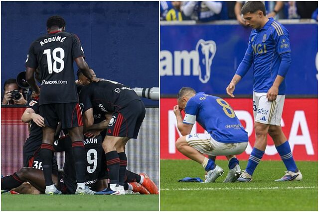A la izquierda, celebra el Sevilla; a la derecha, la tristeza del Oviedo