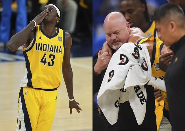 Siakam celebrando una canasta (izquierda) y Haliburton abandonando la pista tras su lesi�n (derecha)