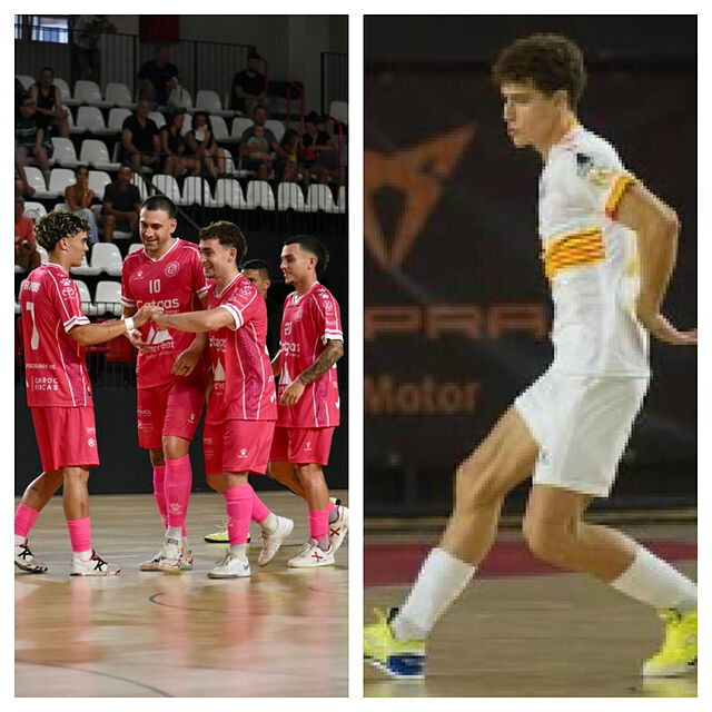 Catgas Energ�a Santa Coloma celebra uno de sus 10 goles ante el Nice Futsal; a la derecha, NIel-lo